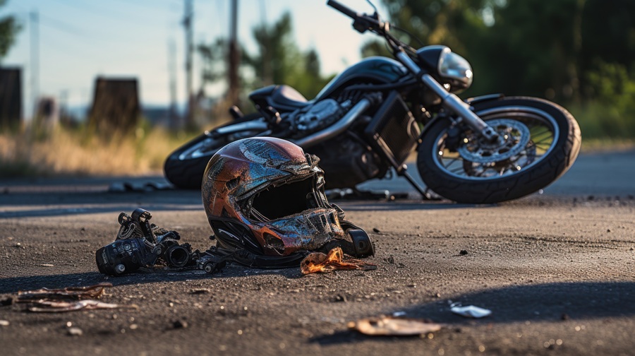 Photo of helmet and motorcycle on road, the concept of road accidents.