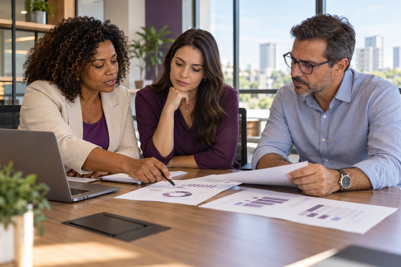 Profissionais de RH analisam propostas de plano de saúde empresarial.